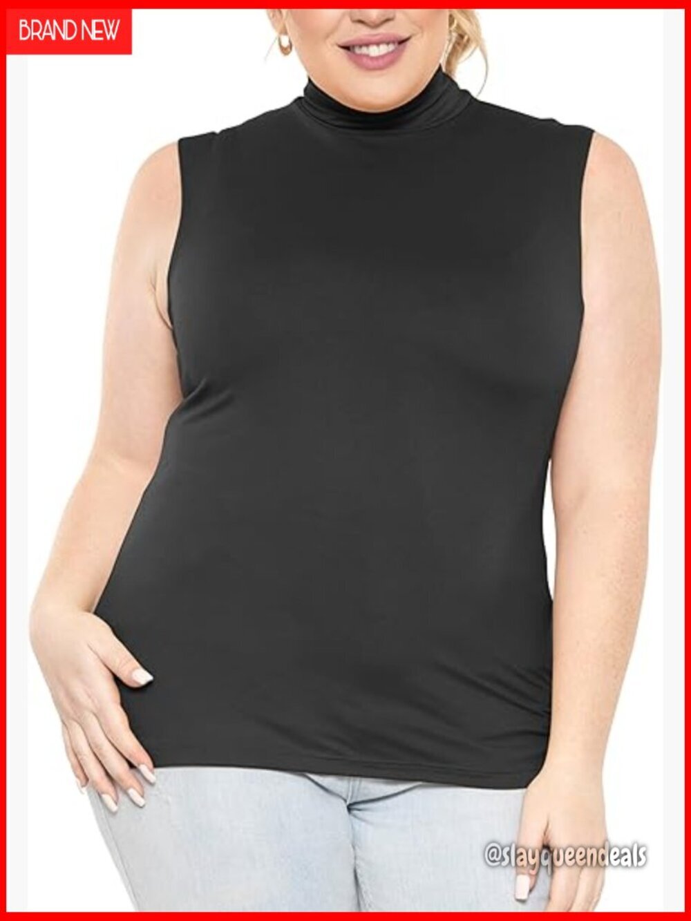 Plus Size Sleeveless Mock Neck Top, Soft Stretch Fabric, Everyday Essential